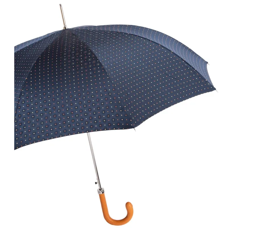 obrazek 7 Klasyczny granatowy parasol męski w drobne kwadraciki z pomarańczową skórzaną rączką – Pasotti