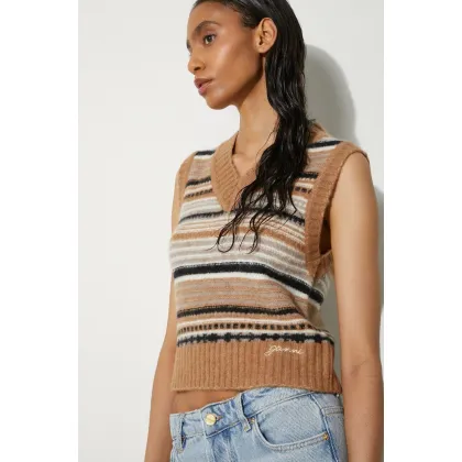 Zdjęcie GANNI kamizelka wełniana Soft Wool Stripe Vest kolor brązowy K2236