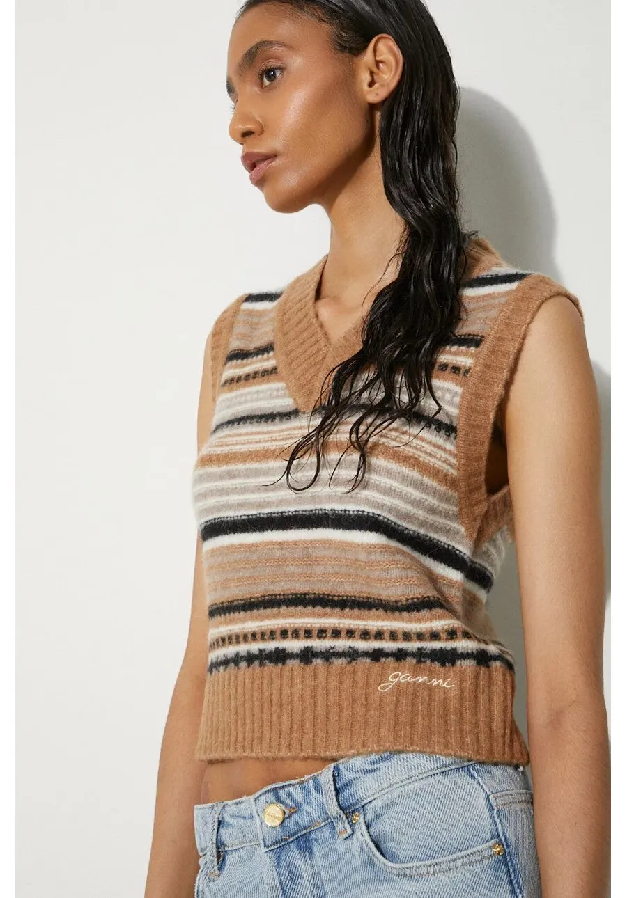 obrazek 1 GANNI kamizelka wełniana Soft Wool Stripe Vest kolor brązowy  K2236