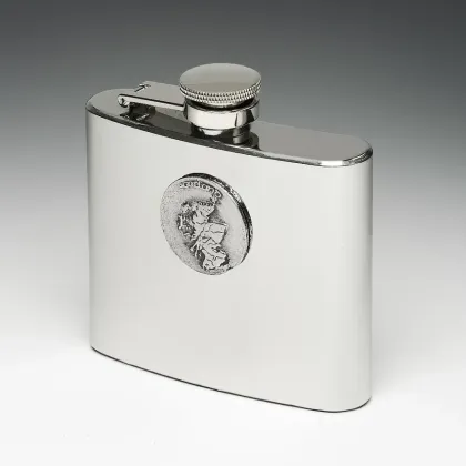 Picture A stainless steel hip flask decorated with a tin disc with a map of Scotland