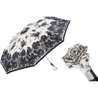 Zdjęcie Elegancki biały parasol damski zdobiony pięknym czarnym motywem kwiatowym z rączką w kształcie srebrnej róży - Pasotti