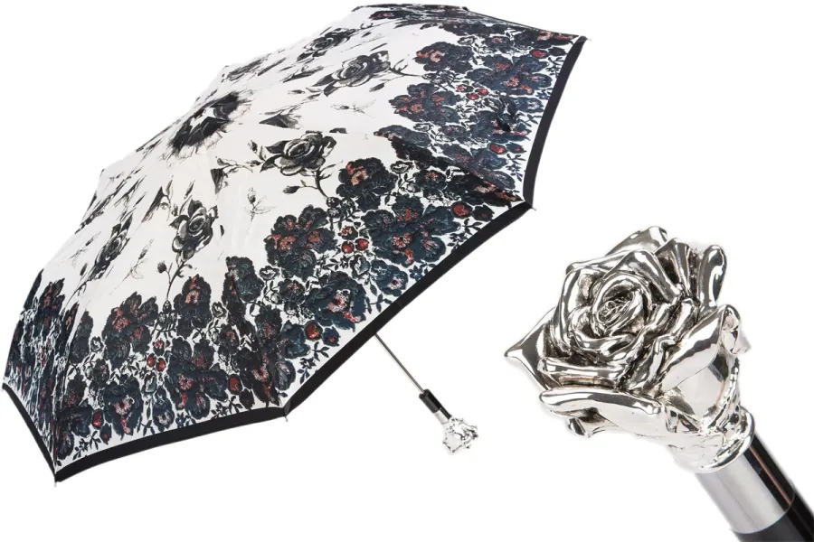 obrazek 1 Elegancki biały parasol damski zdobiony pięknym czarnym motywem kwiatowym z rączką w kształcie srebrnej róży - Pasotti
