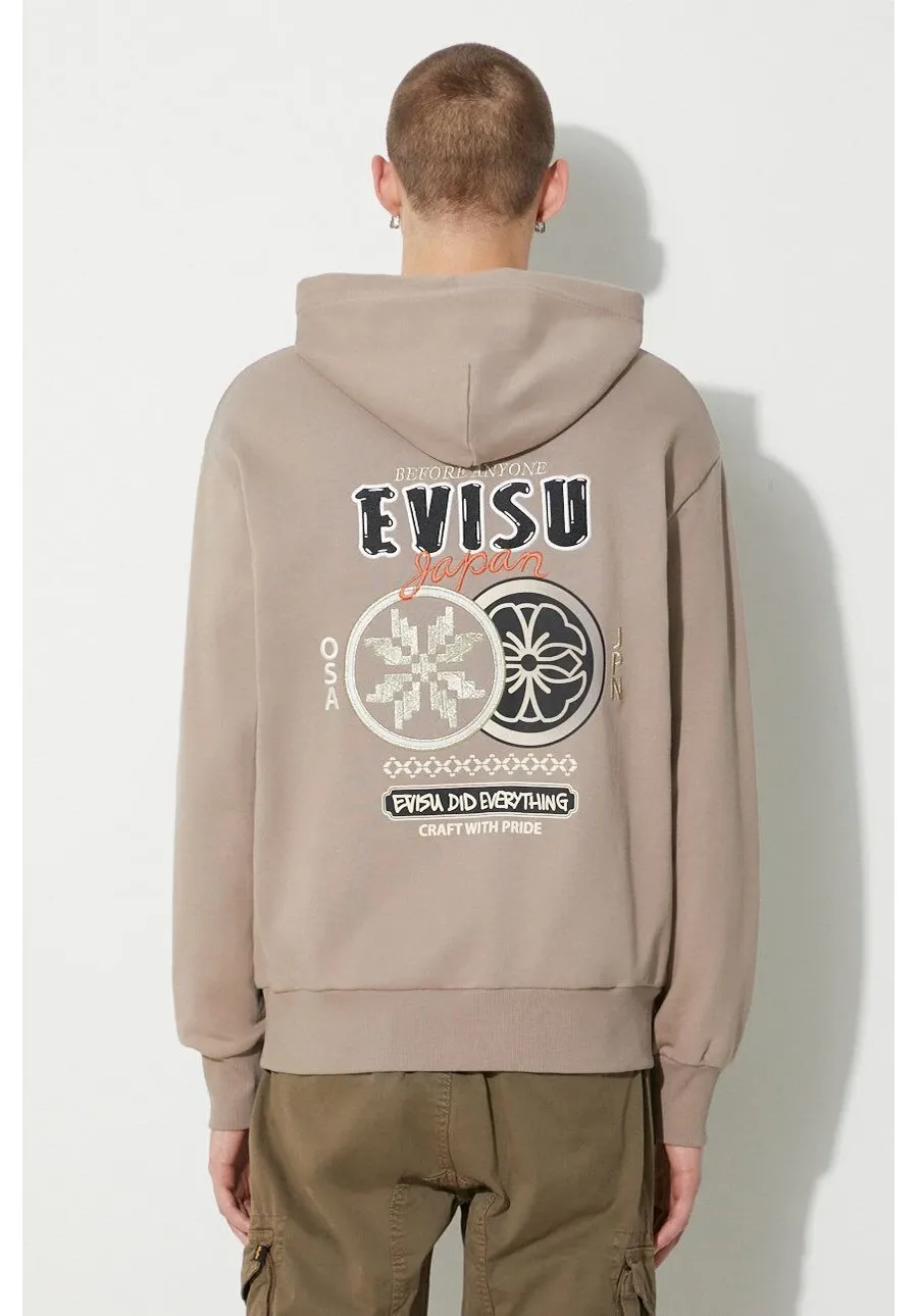 obrazek 1 Evisu bluza bawełniana Double Kamon EMB męska kolor beżowy z kapturem z nadrukiem 2EAHTM3SW1076RXCT