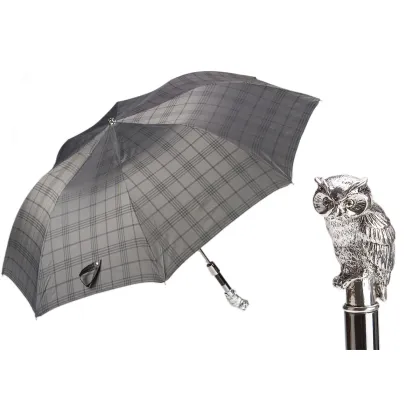 Zdjęcie Stylowy ciemnoszary parasol męski w drobną kratkę z rączką w kształcie sowy – Pasotti