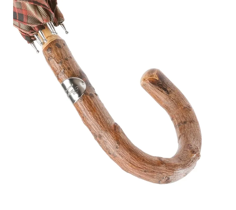 obrazek 3 Klasyczny brązowy parasol męski w czerwono czarną kratę z drewnianą rączką - Pasotti