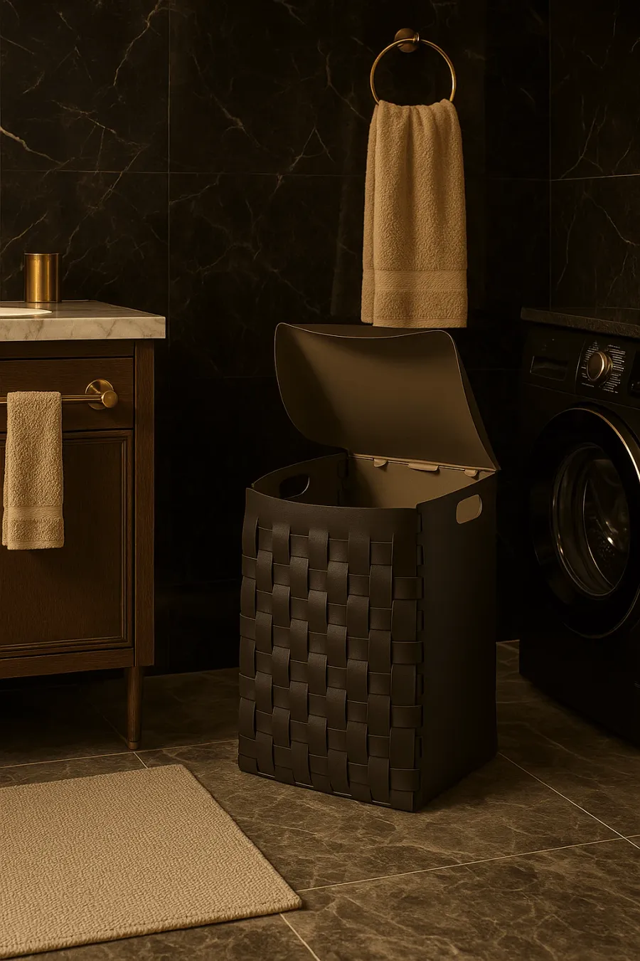 obrazek 2 Unikalny czarny skórzany kosz z pokrywą 35x35xH40 cm