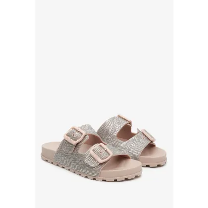 Zdjęcie Estro: Jasnoróżowe klapki damskie z grubych pasków z cyrkoniami