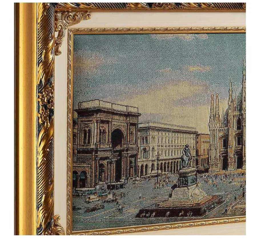 obrazek 3 Ręcznie wykonany gobelin ilustrujący Mediolan w drewnianym obramowaniu