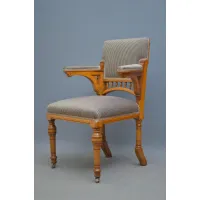 Picture Oak-colored office chair in Victorian style, movable, with upholstered backrest and rotating spindles - antique