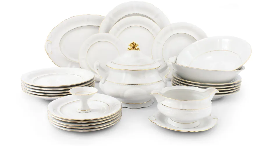 obrazek 1 Stylowa 25-częściowa zastawa obiadowa z porcelany zdobiona delikatną złotą obwódką w stylu nowoczesnym – Leander