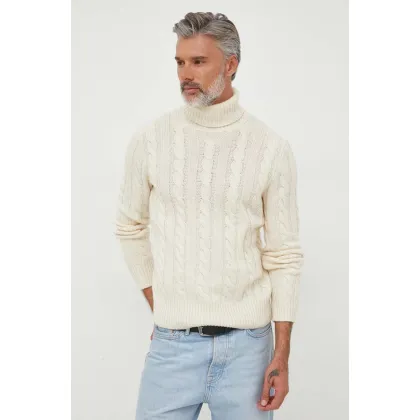 Zdjęcie Polo Ralph Lauren sweter wełniany męski kolor beżowy ciepły z golferm