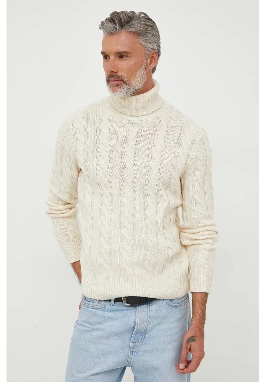obrazek 1 Polo Ralph Lauren sweter wełniany męski kolor beżowy ciepły z golferm