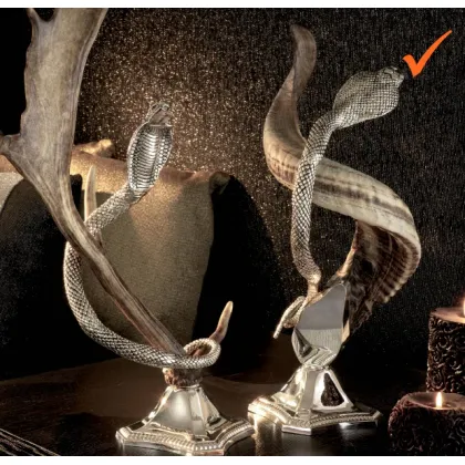 Picture Nickel plated brass snake and horn sculpture on brass base