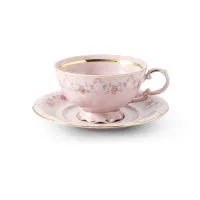 Zdjęcie Porcelanowa filiżanka do herbaty ze spodkiem w kolorze różowym zdobiona girlandami z róż – Leander
