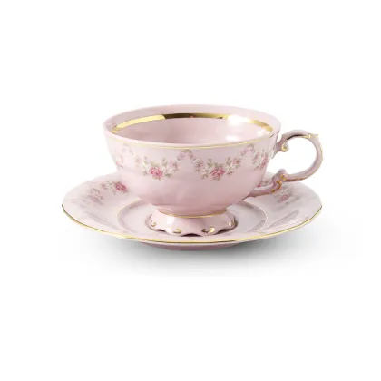 Zdjęcie Porcelanowa filiżanka do herbaty ze spodkiem w kolorze różowym zdobiona girlandami z róż – Leander