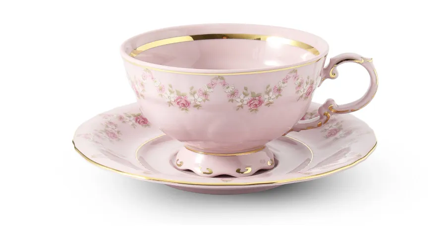 obrazek 1 Porcelanowa filiżanka do herbaty ze spodkiem w kolorze różowym zdobiona girlandami z róż – Leander