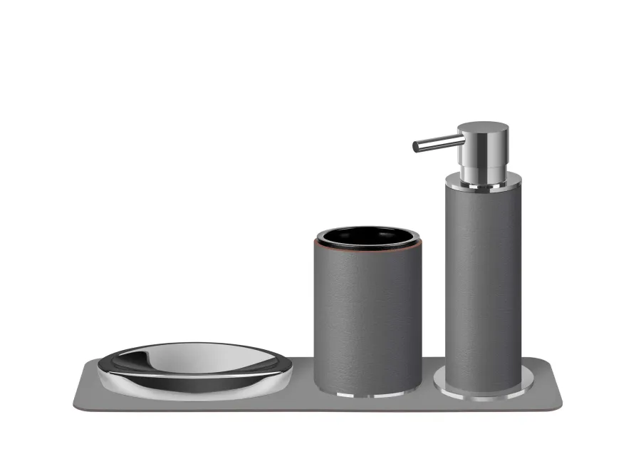 obrazek 3 Chromowany dozownik Ø7xH19 cm ze skórzanym wykończeniem w kolorze szarości