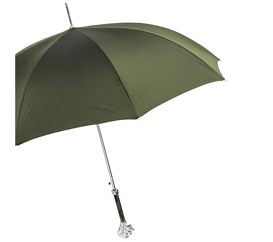 obrazek 10 Stylowy ciemnooliwkowy parasol męski z rączką w kształcie głowy lwa - Pasotti