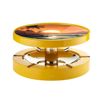Picture Stylish yellow ashtray made of wood, stainless steel and glass