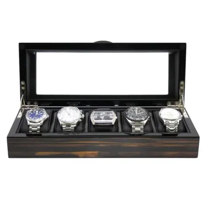 Zdjęcie Eleganckie 5-slotowe drewniane pudełko na zegarki w wykończeniu z drewna hebanowego