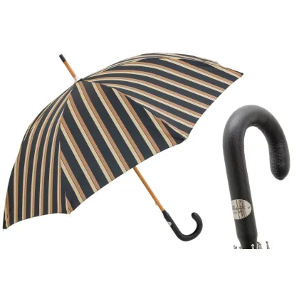 Picture Stylish black men's umbrella with brown stripes with a leather handle - Pasotti