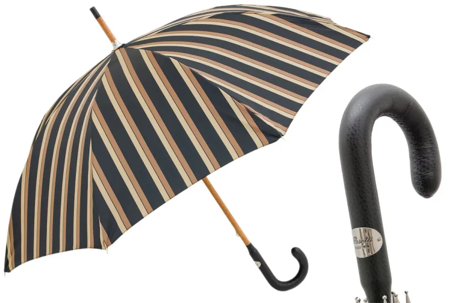 obrazek 1 Stylowy czarny parasol męski w brązowe paski ze skórzaną rączką - Pasotti
