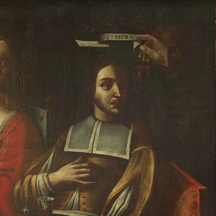 obrazek 3 Antyczny obraz Bankiet z figurkami Memento Mori autorstwa Giovanniego Martinelli z XVII wieku