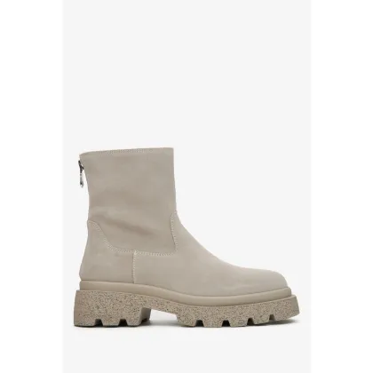 Zdjęcie Estro: Szare botki damskie na zimę z włoskiego weluru naturalnego Premium