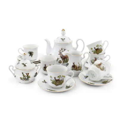 Zdjęcie Stylowy 15-elementowy zestaw do herbaty z porcelany zdobiony motywami myśliwskimi – Leander