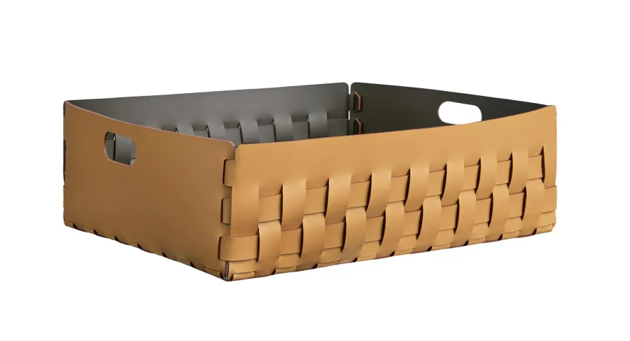 obrazek 1 Płaski kosz Bottega 60x50xH20 cm ze skóry w kolorze musztardowym