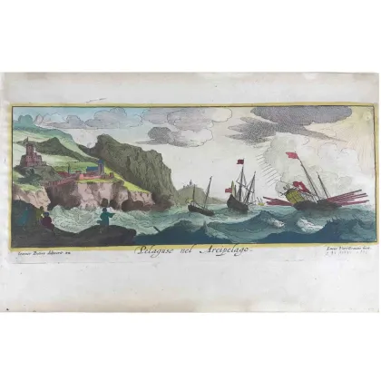 Zdjęcie 1650r. Piękna akwaforta z szerokimi marginesami i kolorystyką wody z kolekcji widoków narysowanych przez J. Peetersa