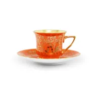 Zdjęcie Porcelanowa filiżanka do kawy Windsor ze spodkiem w kolorze pomarańczowym zdobiona złotym motywem kwiatowym – Leander