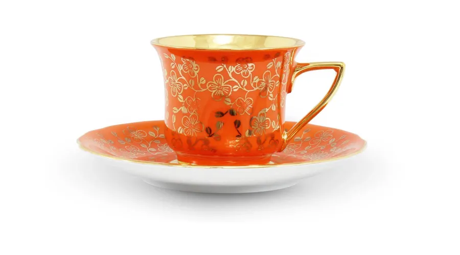 obrazek 1 Porcelanowa filiżanka do kawy Windsor ze spodkiem w kolorze pomarańczowym zdobiona złotym motywem kwiatowym – Leander