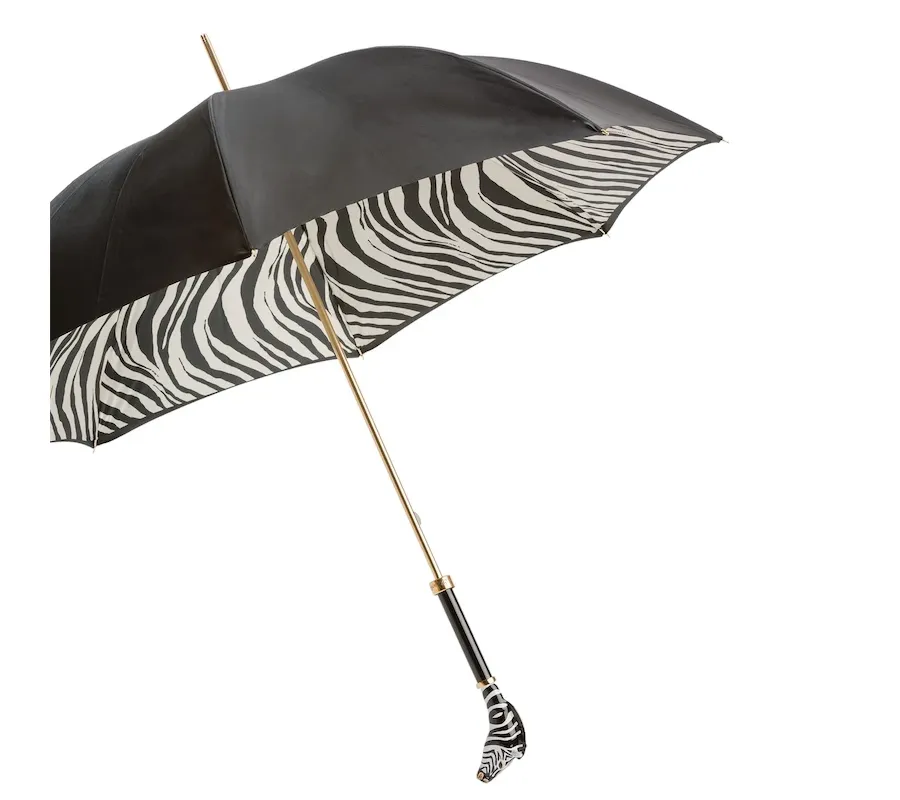 obrazek 7 Piękny stylowy czarny parasol damski zdobiony wzorem zebry z rączką – głową zebry – Pasotti