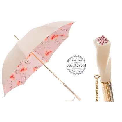 Zdjęcie Subtelny parasol damski w kolorze kości słoniowej i różowym zdobiony delikatnym motywem kwiatowym – Pasotti