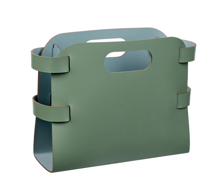 obrazek 1 Kosz na czasopisma 16x36xH25 cm z naturalnej skóry w kolorze liści eukaliptusa