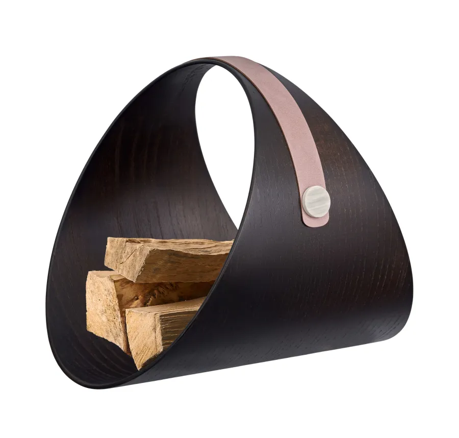 obrazek 2 Stojak na drewno do kominka / stojak na czasopisma Ø36 cm z drewna wenge i skóry