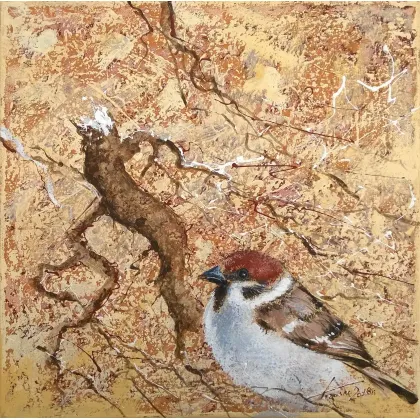 Zdjęcie Krzysztof Trzaska, obraz Mazurek z cyklu Ptaki, akryl/płótno, 40x40, 2018