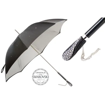 Zdjęcie Luksusowy czarno szary parasol damski z piękną rączką zdobioną kryształkami Swarovskiego – Pasotti