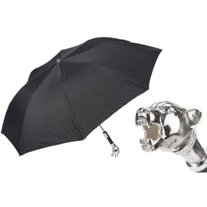 Picture Classic black men's umbrella with a small pattern with a silver panther handle - Pasotti