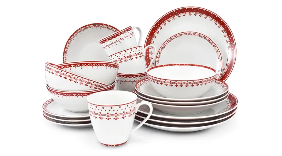 obrazek 1 Stylowa 20-częściowa zastawa obiadowa z porcelany w kolorze czerwonym zdobiona delikatnym motywem – Leander
