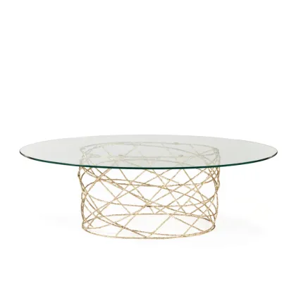 Picture Oval dinner table with glass top and brass base - Ginger & Jagger