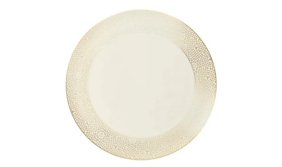 obrazek 1 Niemiecki kremowy okrągły talerz na tartę wykonany z porcelany zdobiony złotym wzorem – Tettau
