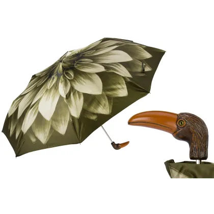 Zdjęcie Elegancki zielony parasol damski zdobiony motywem kwiatu dalii z rączką w kształcie tukana - Pasotti