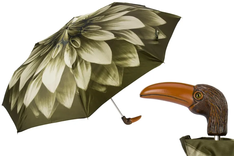 obrazek 1 Elegancki zielony parasol damski zdobiony motywem kwiatu dalii z rączką w kształcie tukana - Pasotti