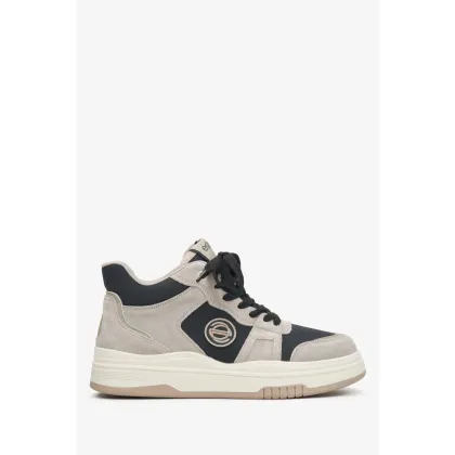 Zdjęcie Estro: Szaro-czarne wysokie sneakersy damskie ze skóry i zamszu