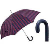 Picture Elegant men's umbrella in navy blue and burgundy stripes with a leather handle - Pasotti