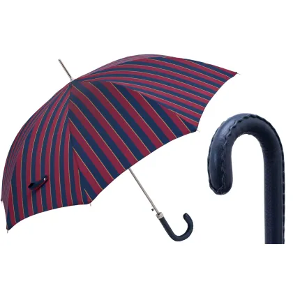 Picture Elegant men's umbrella in navy blue and burgundy stripes with a leather handle - Pasotti