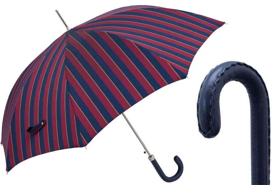 obrazek 1 Elegancki parasol męski w granatowo bordowe paski ze skórzaną rączką – Pasotti