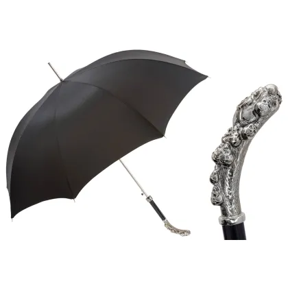 Picture A unique black men's umbrella with an original carved handle - Pasotti